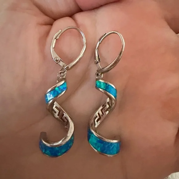 Sterling Silver and Blue Opal Spiral Earrings - Picture 2 of 5